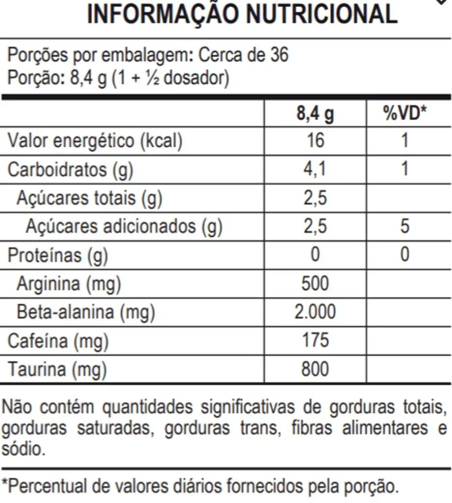 Pre-treino All Day é bom - tabela nutricional